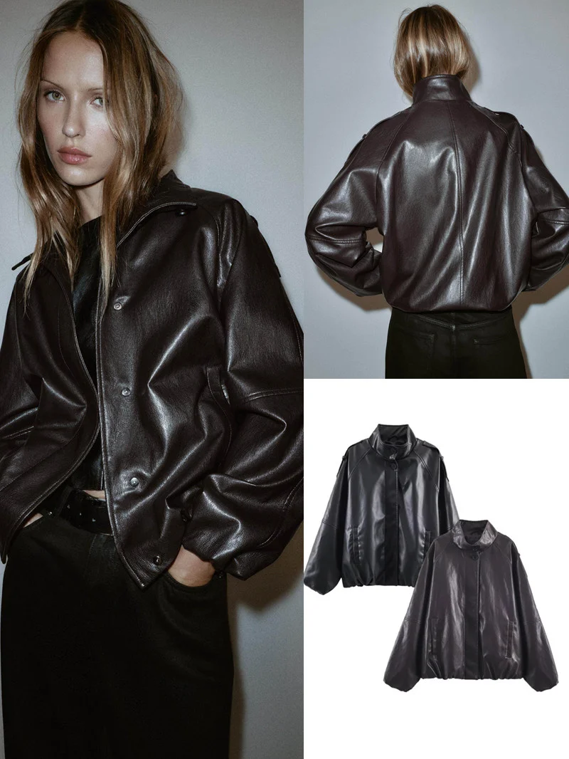 Damska kurtka ze sztucznej skóry w stylu casual, długa, ze stójką, płaszcz ze sztucznej skóry, nowość na jesień i zimę, 638025