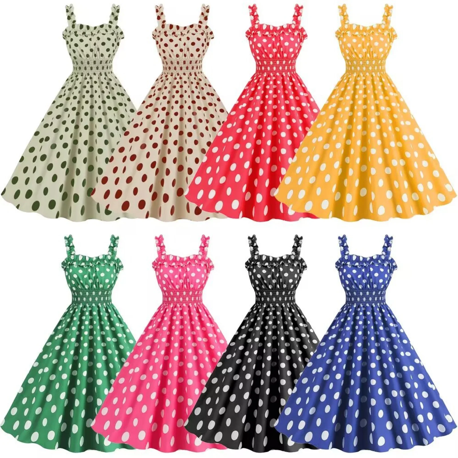 

Polka Dot Print Dress Camisole Party Casual Plaid Skirt with Victoria Waist-Cinched A-Line Silhouette Dress
