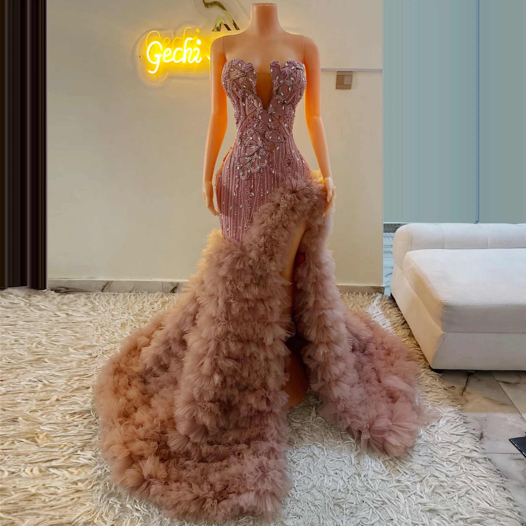Modest Pink Mermaid Wedding Dress Beaded Ruffles Tiered Woman Formal Party Dresses Slit Tulle Evening Dinner Party Gowns 2026 view 2