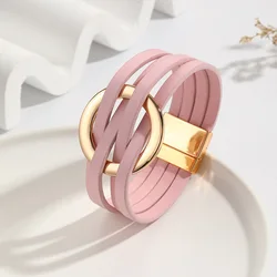 ALLYES Fashion Gold Color Circle Cross Bracelet for Women 2025 Simple Multilayer Wrap Leather Bracelets & Bangles Party Jewelry