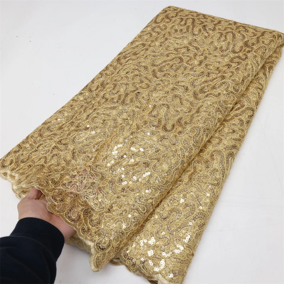 PGC Golden African Sequenant Lace Fabric 2024 Nigerian High Quality Embroidery Mesh Net Fabric For Wedding Party Dress LY2098