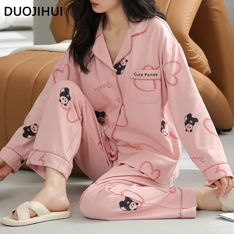 DUOJIHUI Autumn Sweet Fashion Pajamas for Women with Chest Pad Long Sleeve Cardigans Basic Simple Pants Loose Female Pajamas Set