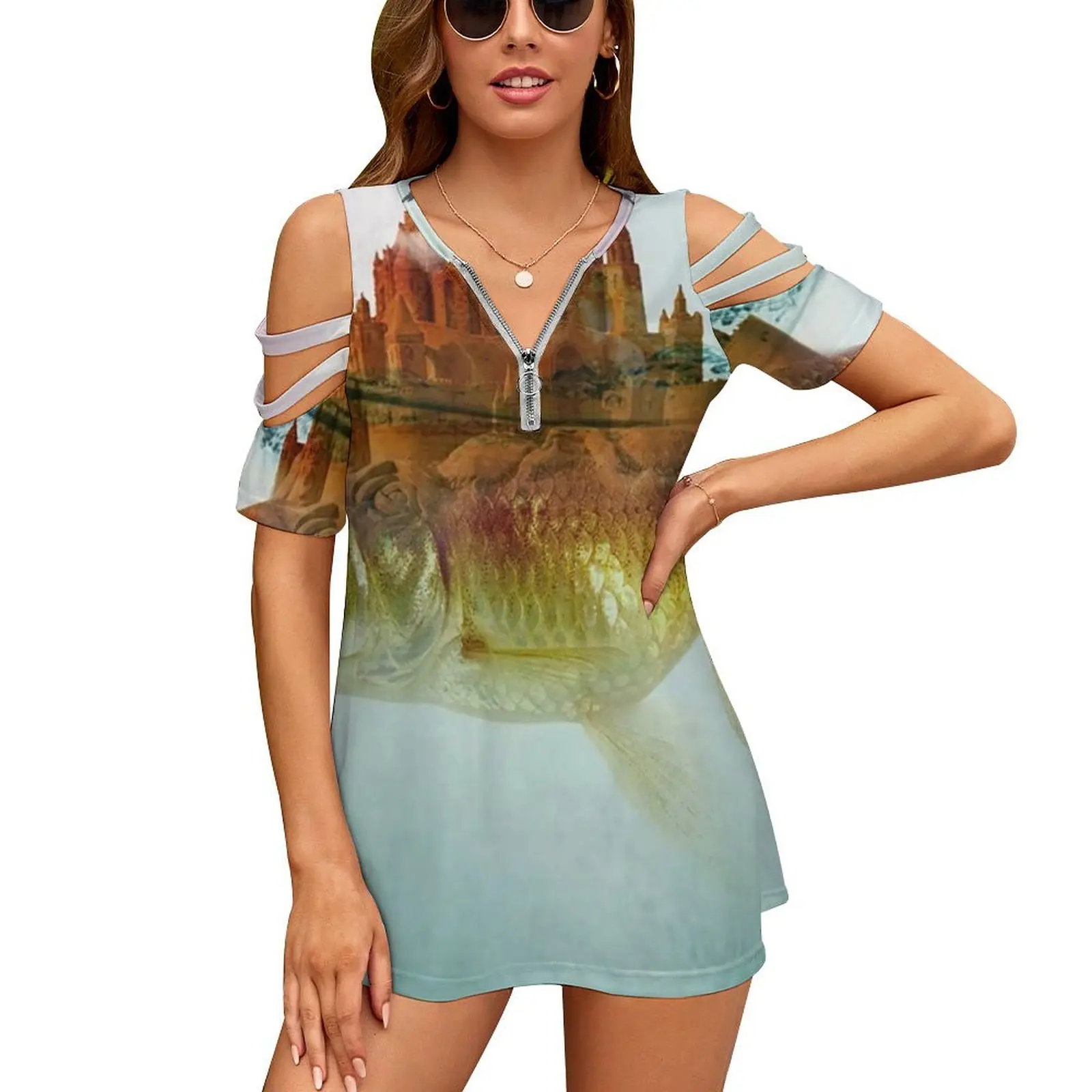 Goldfish Castle Woman's T-Shirt Spring And Summer Printed T Shirts Various styles T-shirts Digital Goldfish Fish Castle Surreal