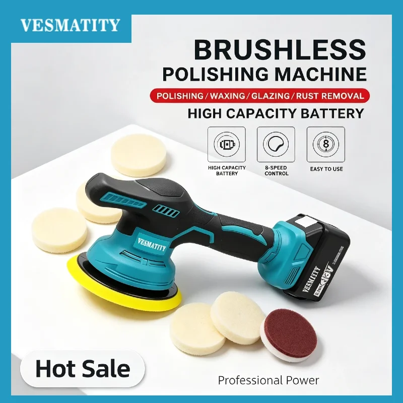 VESMATITY Cordless Electric Car Polisher Rechargeable Adjustable Waxing Sealing Glaze Tool for 18V 20V Battery Pro Max Unit