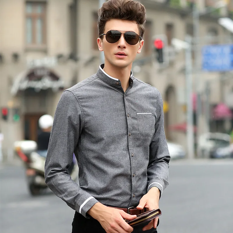 Men\'s standing collar long sleeved shirt Solid Oxford spun slim fitting Korean version Business casual men\'s top shirt