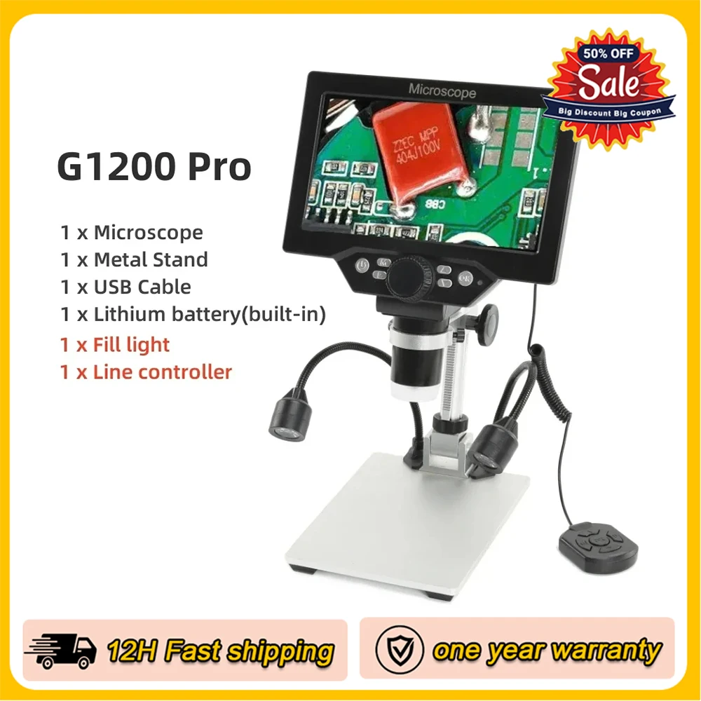 G1200 7-Inch Digital Microscope 1200x Continuous Zoom HD 12MP Industry Microscope Adjustable Stand Built-in Battery Magnifier