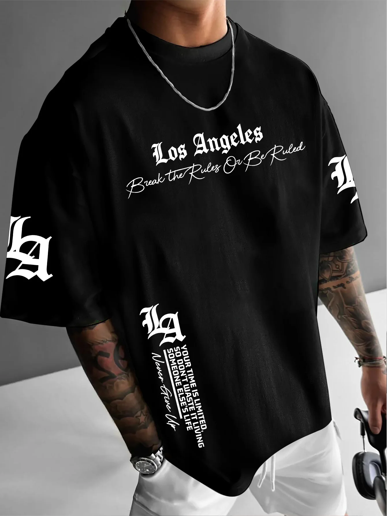 Herren-T-Shirt im amerikanischen Retro-Stil mit Los Angeles-Aufdruck, lockerer Rundhalsausschnitt, Street-Style, lässiges Oberteil