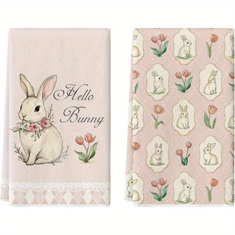 2 Pack Hello Bunny Easter Towels | Soft Pink Tulip & Eucalyptus Printed Towels, Perfect Decorative Supplies for Spring
