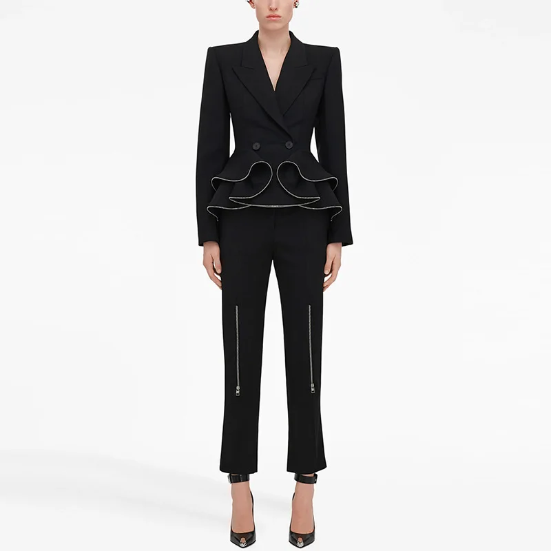 

European and American Stars Fashion New Zipper Ruffle Edge Blazer Pants Suit, Two-piece Set