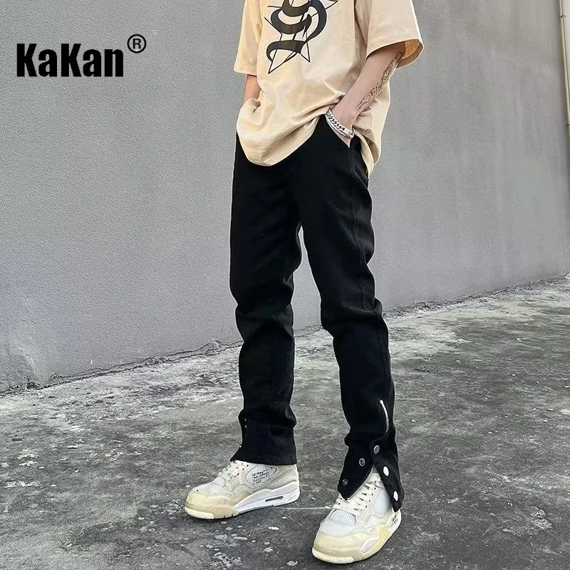 

Kakan-Europe and The United States New Side Zipper Button Jeans Men's, Design Sense Niche Slim Black Long Jeans K63-323