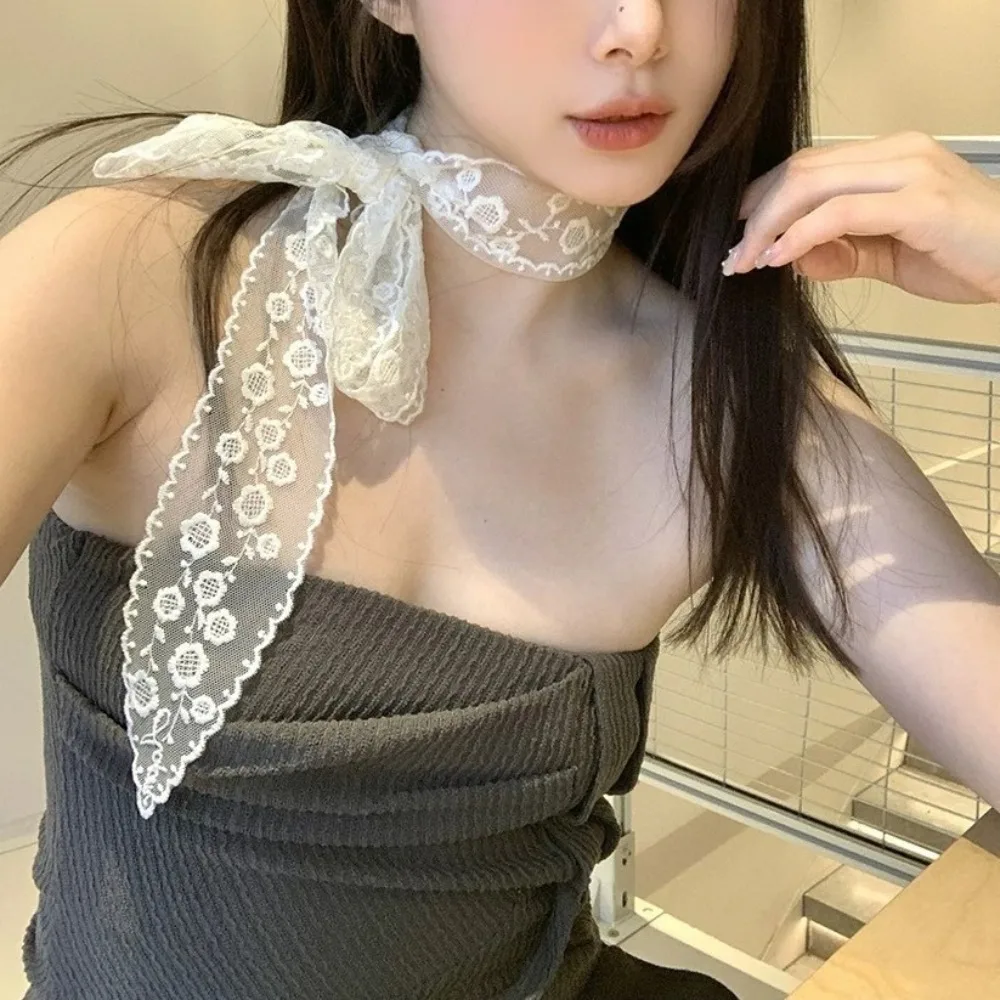 

Elegant Long Skinny Ribbon Lace Scarf Solid Color Thin Decorative Belt Floral Embroidery Tie Up Neckerchief