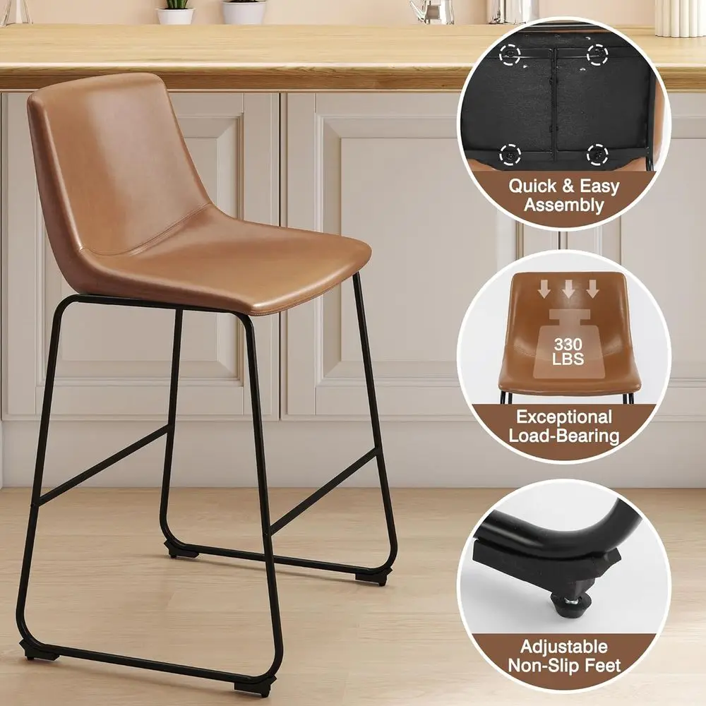 Counter Height Leather Bar Stools with Metal Legs and Footrest (2pcs, Brown, 26in) view 5