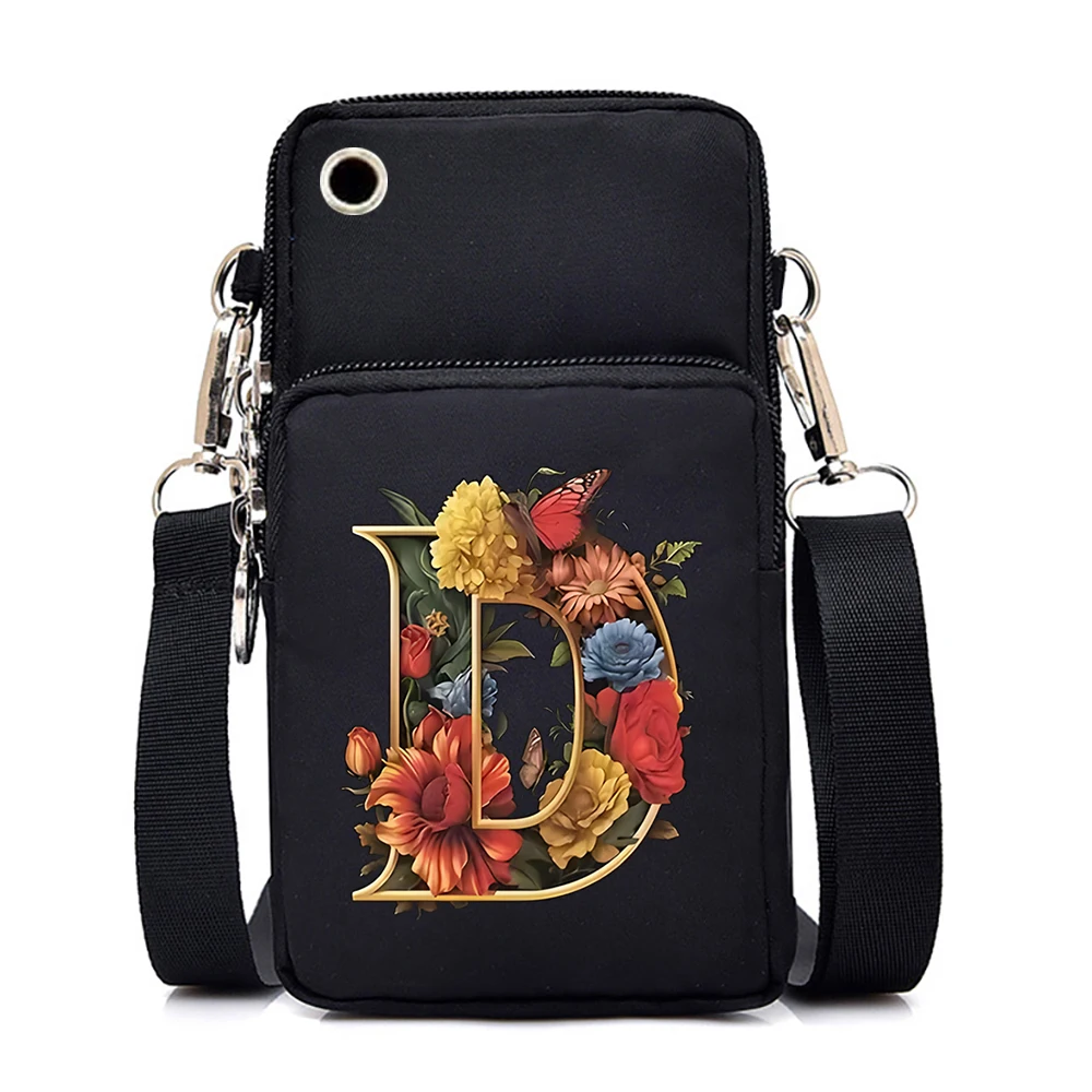 Women Small Crossbody Shoulder Bags Vintage Flower Alphabet Mobile Phone Bag Purse Soft Leather Strap Handbag Mini Messenger Bag