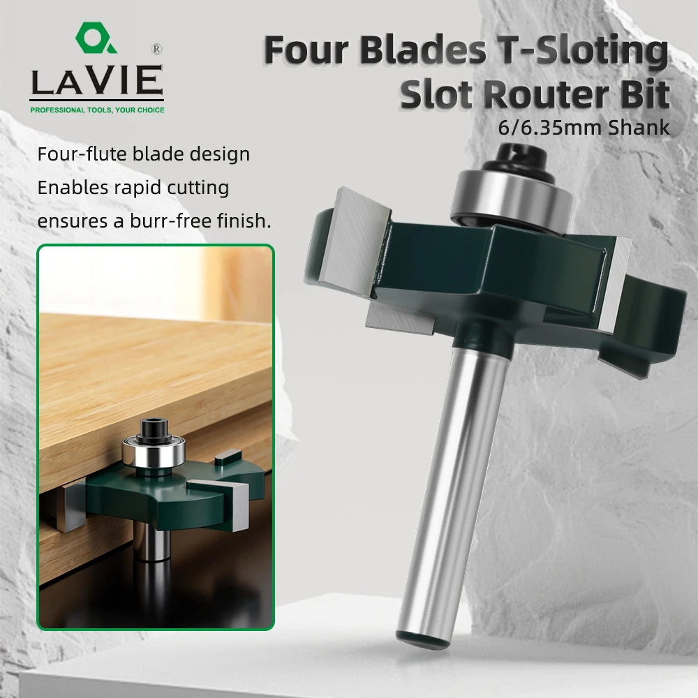 

LAVIE 1pc 6mm 1/4" Shank 4 Flute T-Slot Router Bit, Dark Green Wood Milling Cutter For Woodworking C06319Z443