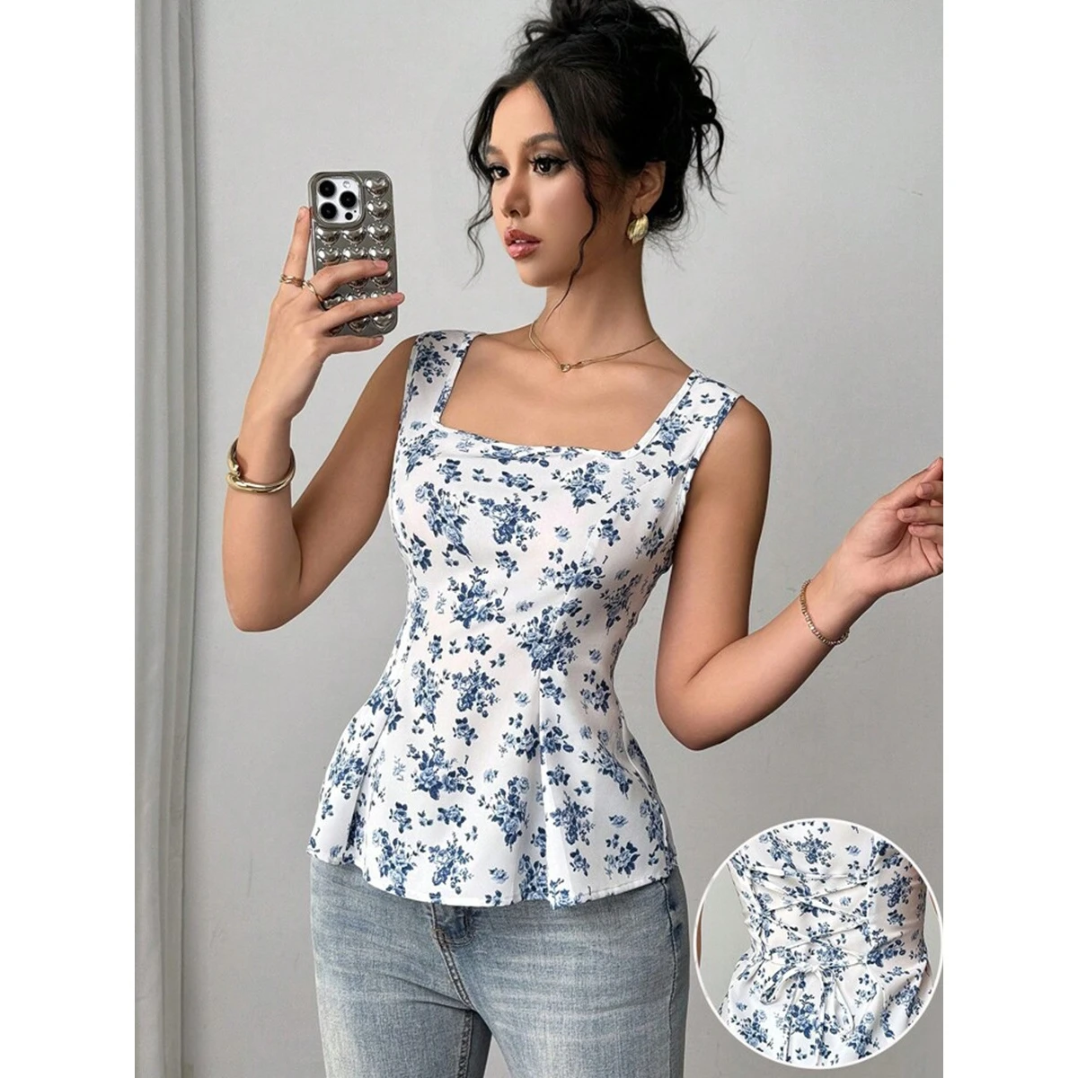 Floral Print Halter Top Women's Summer Vacation Style Small Vest Belted Tie-Detail Polyester Long Length No Stretch Outerwear