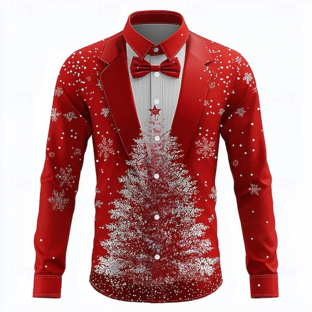 

2026 New Christmas Men's Snowflake Tie Print Shirt Button Long Sleeve Festival Autumn and Winter Lapel Shirt Fast Shipping