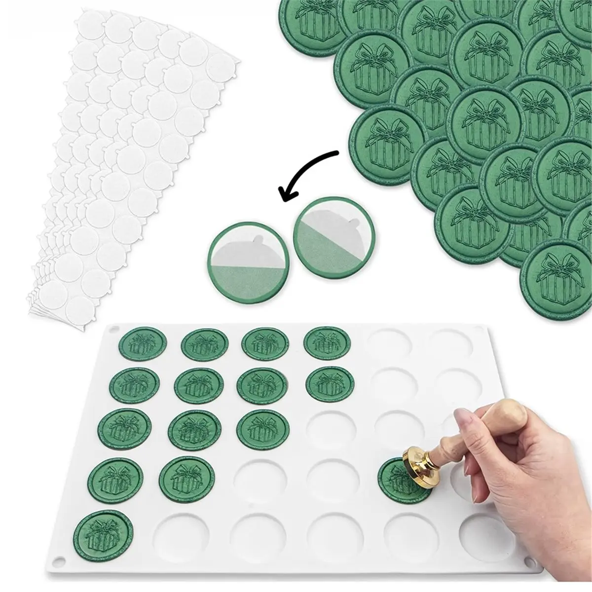 2026 New Tool Wax Seal Mold Kit, Silicone Mat for Wax Seal Stamp, 100 Pcs Double Sided Adhesive Wax Seal Stickers