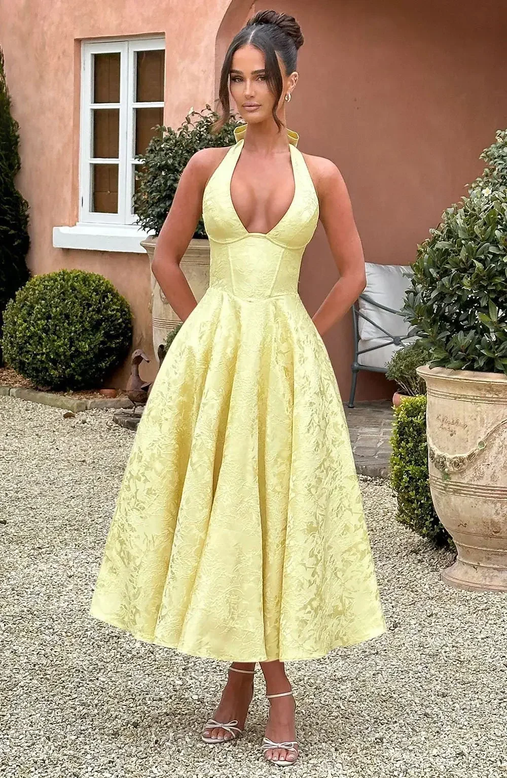 فستان جاكار عميق على شكل حرف V مثير على شكل حرف A للنساء لقضاء العطلات فستان صيفي أنيق للسهرة بدون ظهر فستان ميدي للحفلات #4