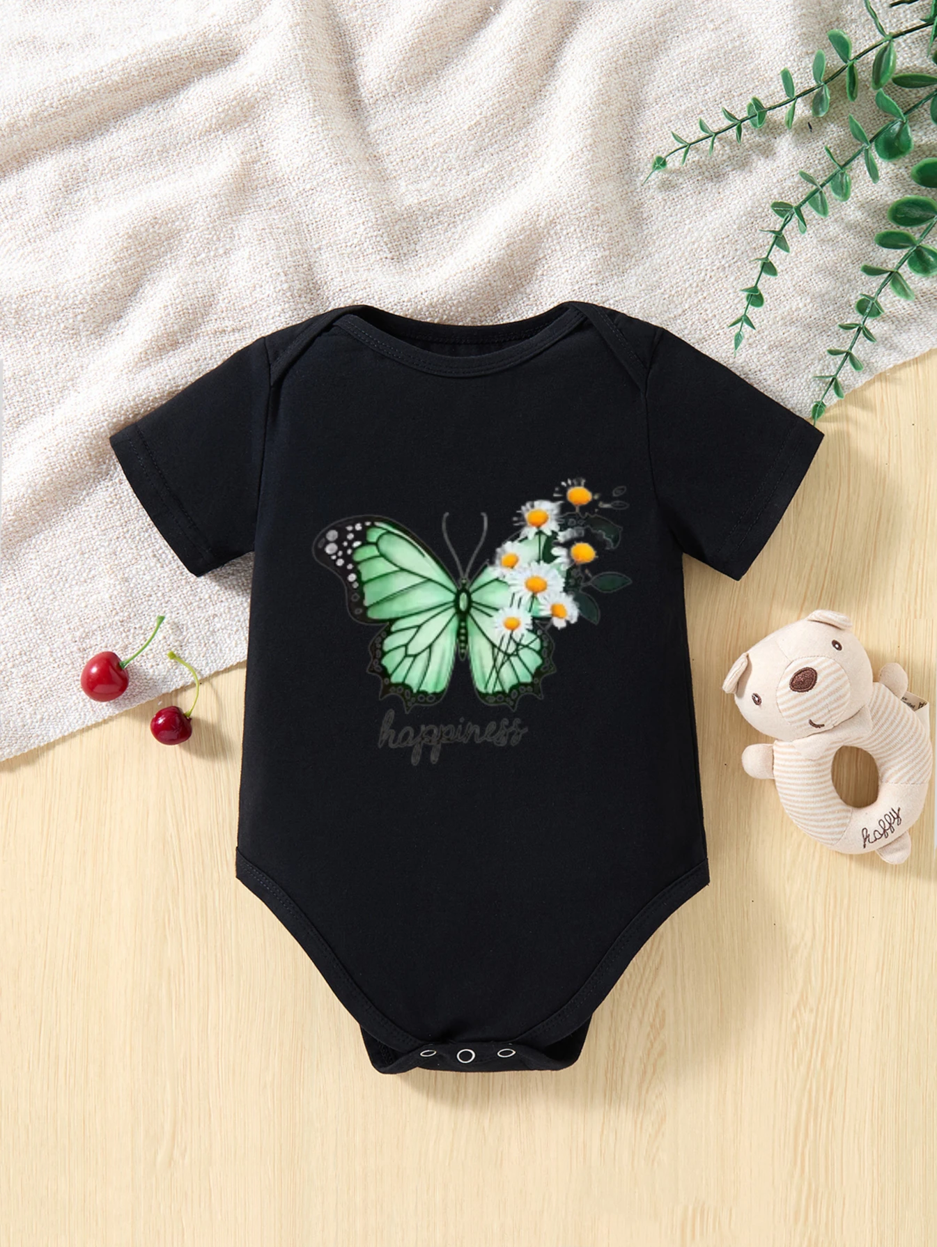 

​Kids Children's Cotton Short Sleeve Bodysuit Happiness Text with Butterfly and Daisy Floral Graphic for Newborn Boys and Girls