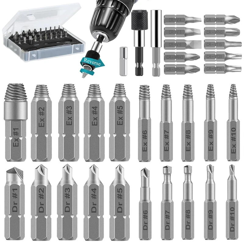 33 PCS Damaged Screw Extractor Kit with Sleeve Extension Drill Bit for Universal Guillotine Bolt Removal Screw Removal Tool