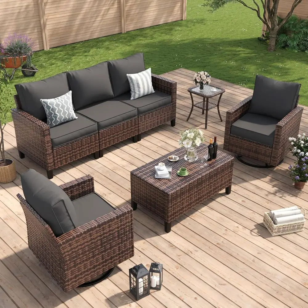 All-Weather Wicker Outdoor Sectional Sofa Set with Swivel Rocker Chairs, Storage Coffee Table, Waterproof Cover, Brown/Grey 5-Pi