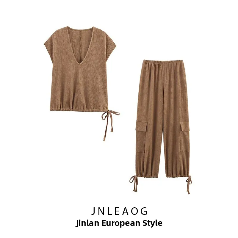 

JNLEAOG, новые весенние женские модные дизайнерские разумные рабочие брюки, длинные комплекты из полиэфирного волокна с V-ne ort Sve, комплект из двух предметов