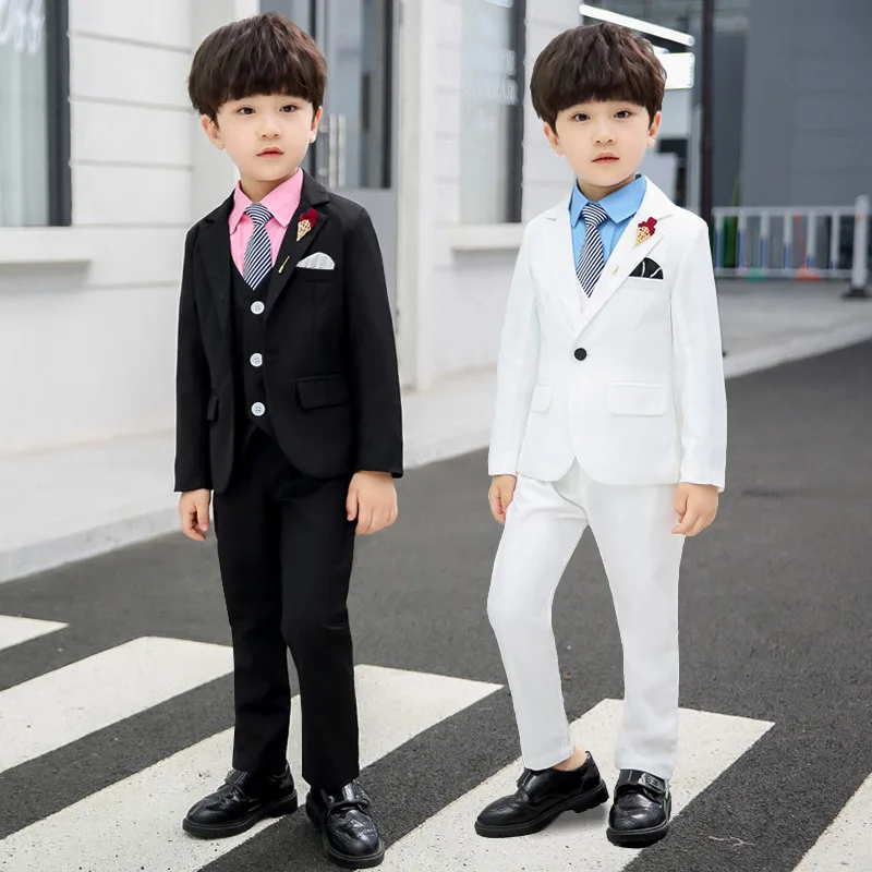 

Children White Formal Dress Suit Flower Boys Blazer+Vest+Pant+Tie 4Pcs Outfits Kids Wedding Baptism Piano Performance Costume