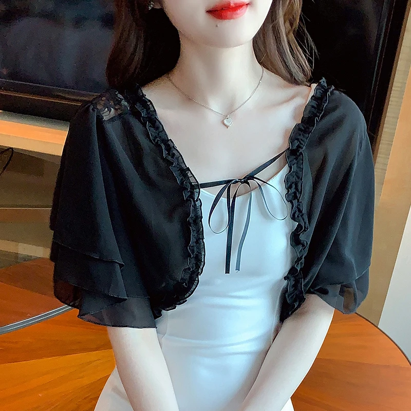 Ruffle Lace Chiffon Cropped Cardigan Women Summer Bell-Sleeve Bolero Shrug Top Korean Style Elegant Ladies White Pink Shirts