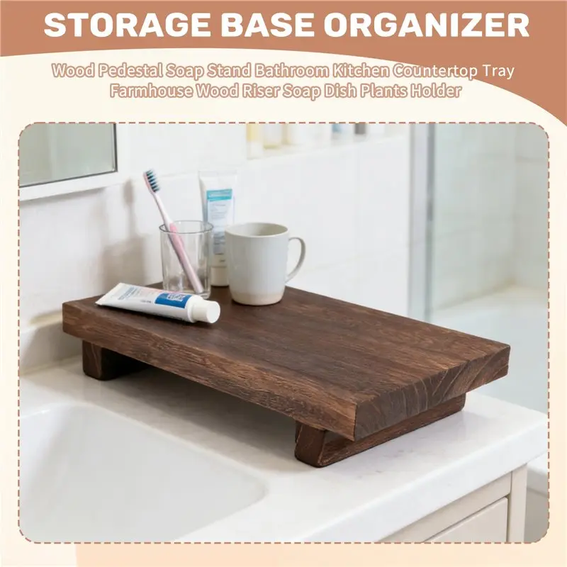 -[Retail TX] Wood Pedestal Soap Stand Bathroom Kitchen Countertop Tray Farmhouse Wood Riser Soap Dish Plants Holder