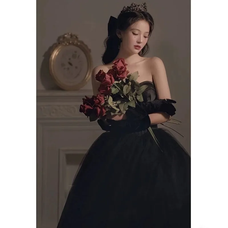 Gothic Black Tulle Prom Dresses Princess Sweetheart Satin Women Formal Evening Gowns Exposed Boning Night Party Dress Customized