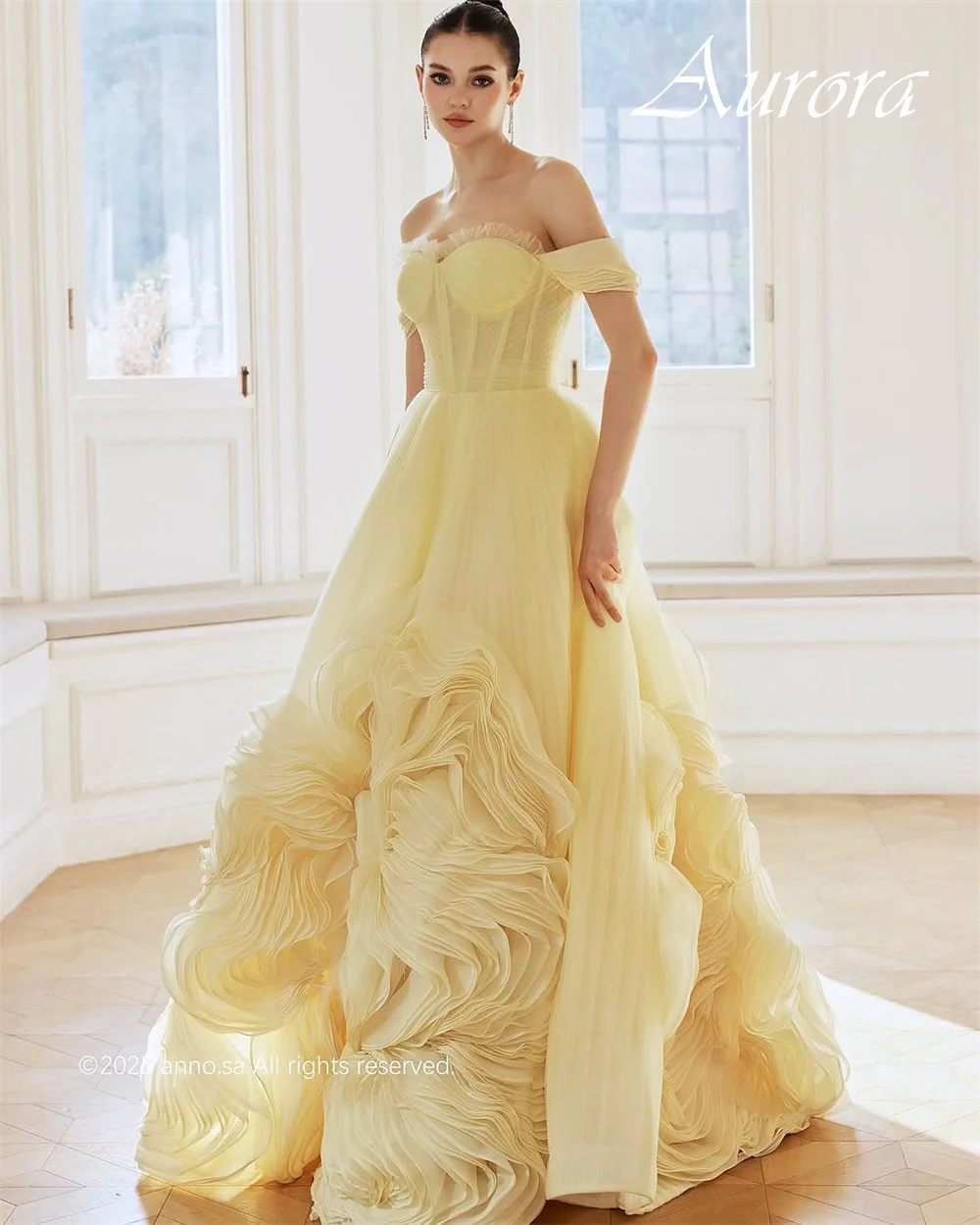

Customized Temperament Yellow Chiffon Evening Dress Exquisite Prom Dress Off the Shoulder Sleeveless Backless Cocktail Dress