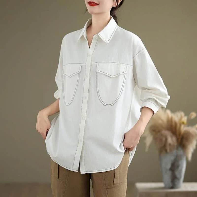 

Рубашки для женщин, винтажная однобортная блузка с воротником-поло, свободный крой, полосатый дизайн, с длинным рукавом, повседневная однобортная блузка в корейском стиле, женские топы