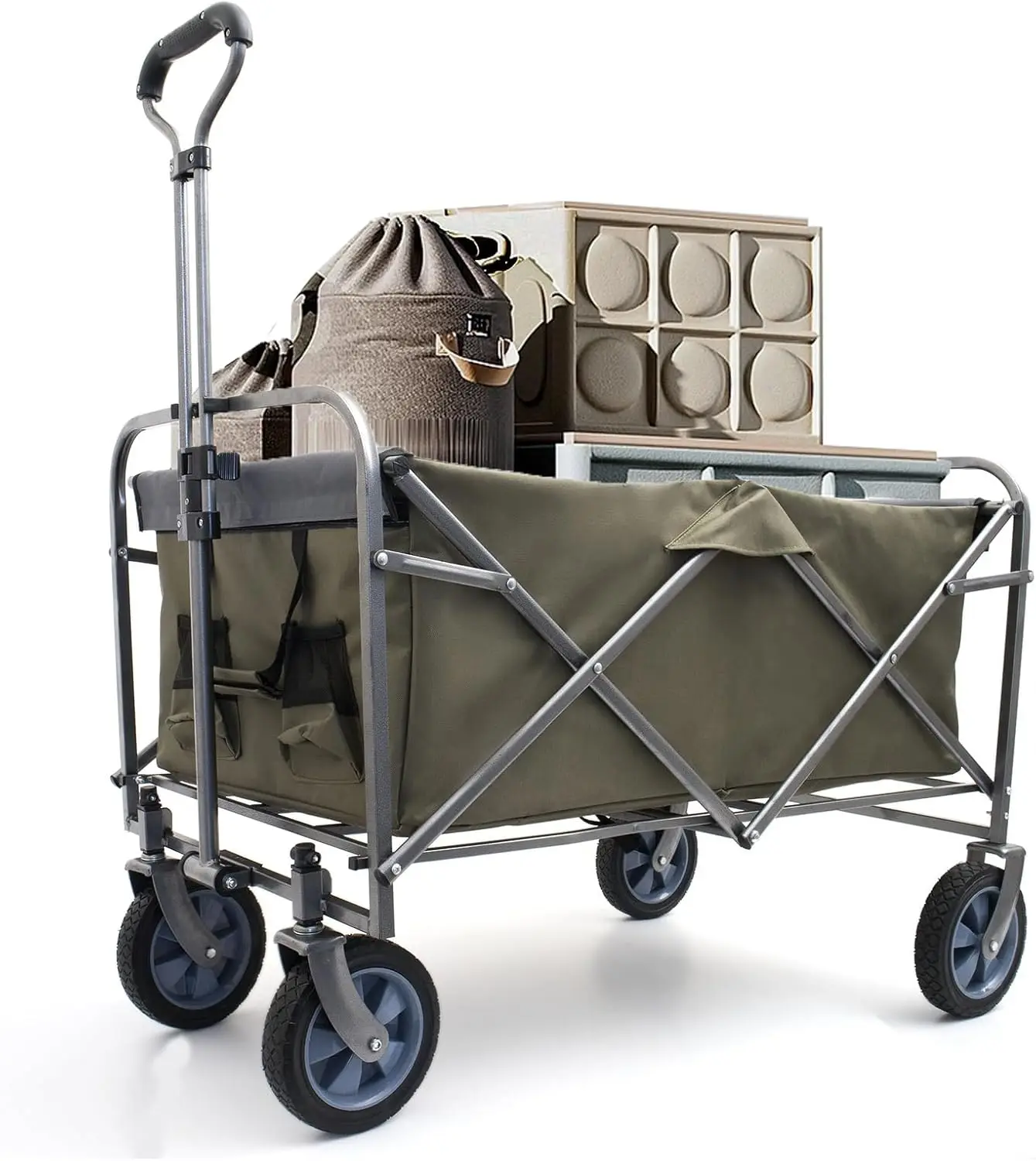 

150 LBS Garden Cart Khaki Utility Collapsible Wagon Cart Steel Frame Cart with Adjustable Handle and All Terrain Wheels for Gard