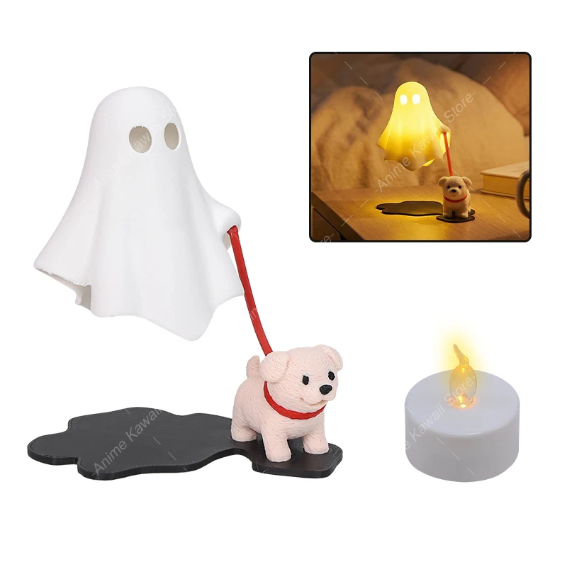 3D Printed Ghost With Dog Ornaments Figurine Cute Cartoon Dog Statue Creative Lamp Bedside Decor Night Light Birthday Gift