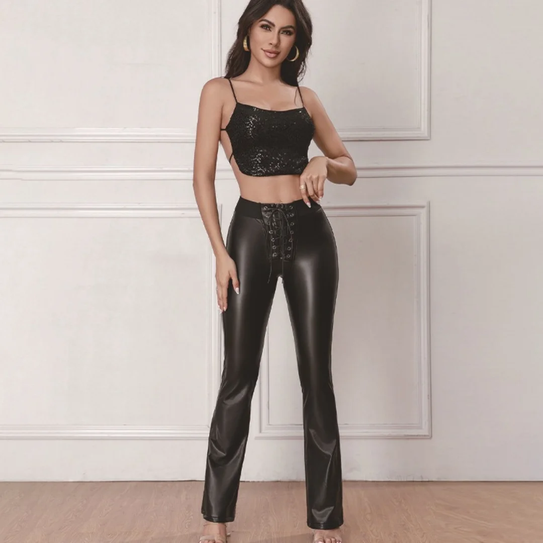 

Женские брюки-клеш из высокоэластичного полиуретана с кожаными вставками, на эластичной талии, в уличном стиле, повседневные, темный стиль