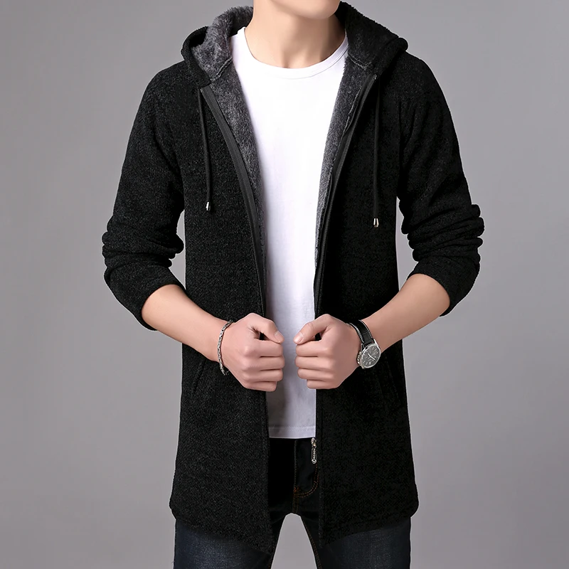 Winter New Plus Velvet hoodies Men's Jacket Hooded Trench Long Hooded Fleece Sweatercoat