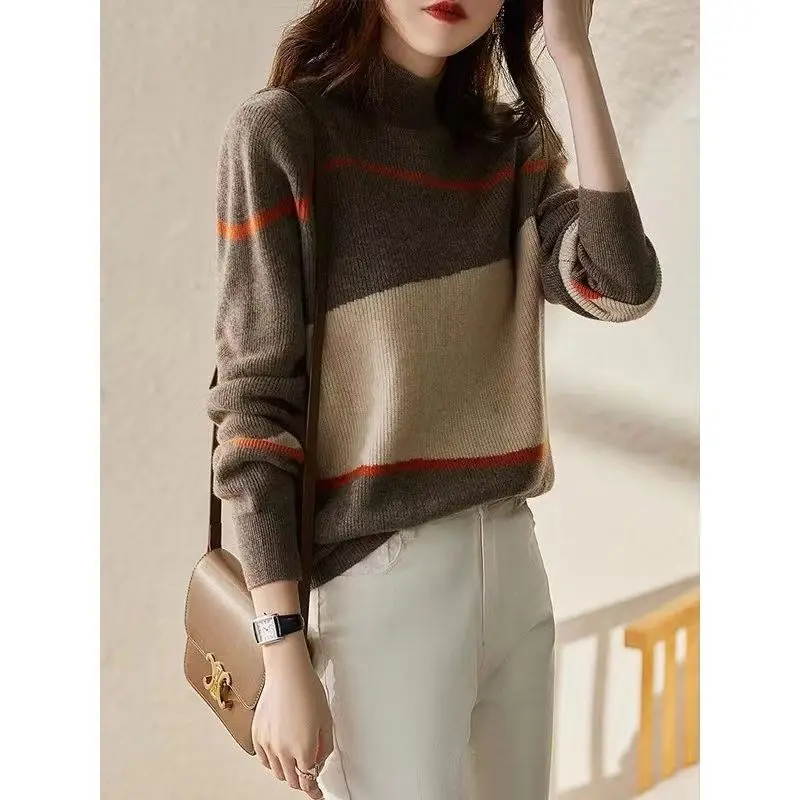 Mock Neck Striped Sweater Women Autumn Winter Loose Long Sleeve Knitwear Fashion All-match Trend Knitting Bottoming Shirt Tops