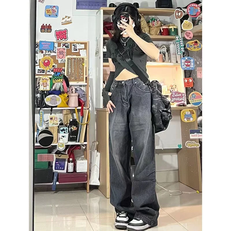 Women Vintage Streetwear Black Baggy Korean Jeans High Waiste Oversize Wide Leg Pants Grunge Denim Trousers Y2K Alt Clothes