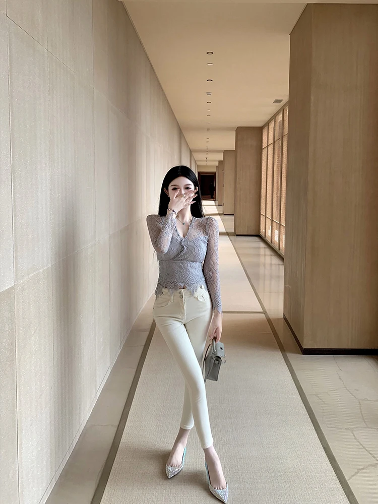 

High Waist Slim Fit Women's White Denim Jeans Elasticity Pencil Pants Korean Style Spring Fashion Anti-Wrinkle Cotton Stretch