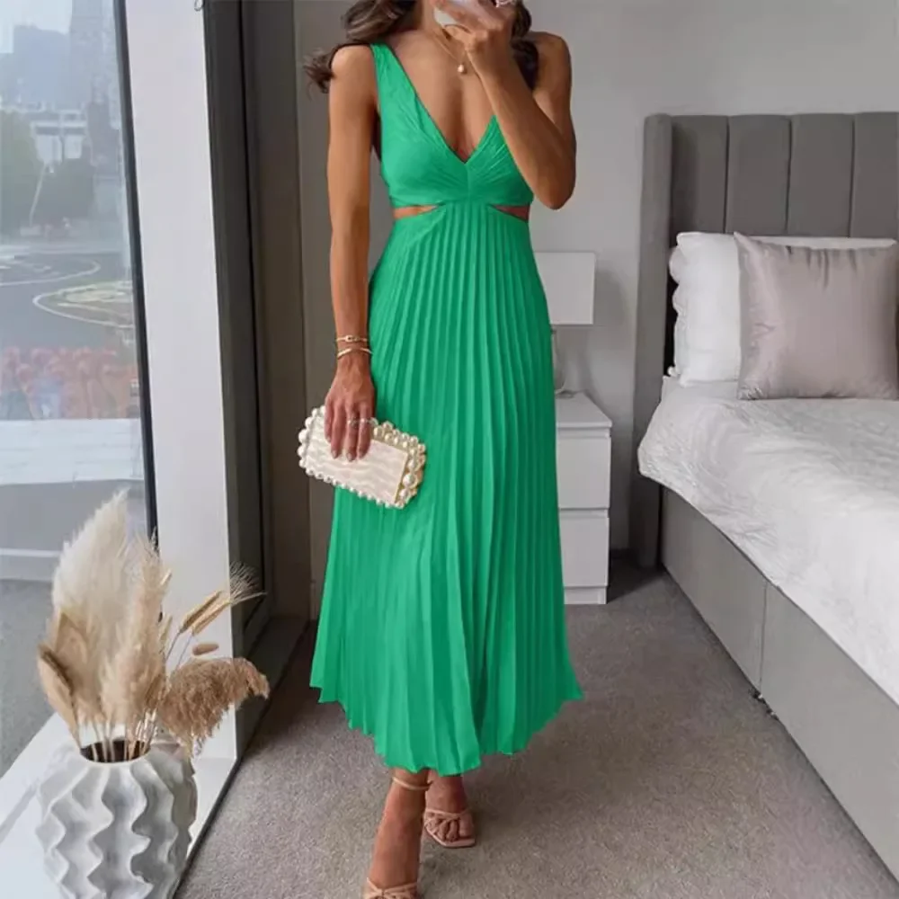 

Летнее сексуальное повседневное и модное однотонное платье с v-образным вырезом без рукавов, пляжное вечернее элегантное платье с высокой талией