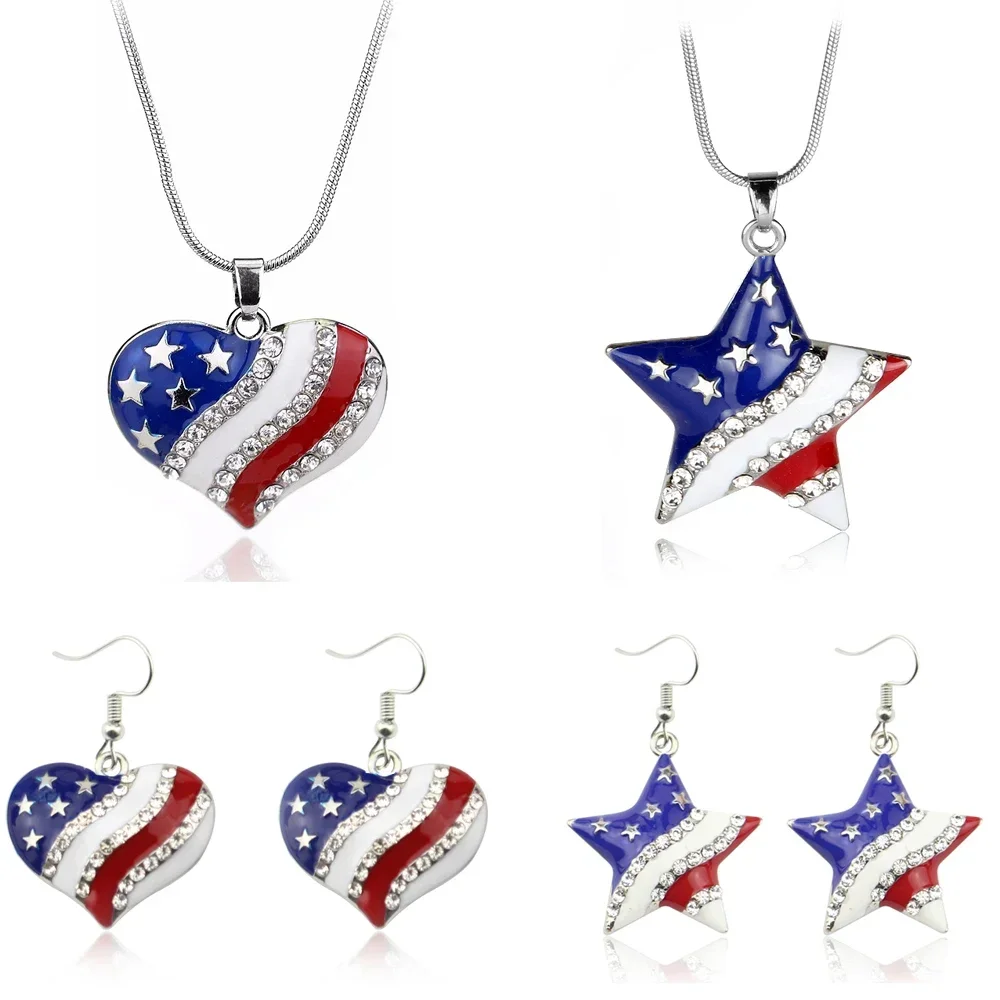 Pentagram USA Flag Earring Heart Shap American Flag Dangle Earring 4th of July Independence Day Pendant Jewellery Gift for Women