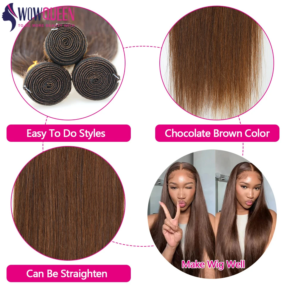 Chocolate Brown Straight 100% Human Hair Bundles 1/3/4 Deal Human Hair Weaving Double Weft Remy Human Hair Extensions for Women