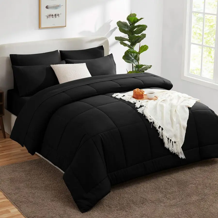 

Queen Comforter Set Black, 7 Pieces Bed in a Bag, Black Comforter Queen Size, All Season Bedding Sets with Stitch Quilted Comfor