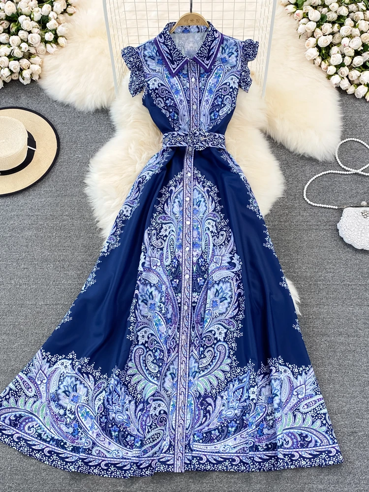 Women Fashion Elegant Vintage Print Vacation Dress Summer Fly High Waist Single Breasted Flip Collar A-line Robe Vestidos