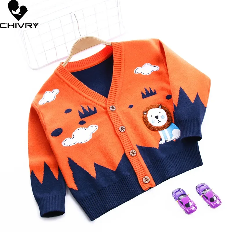 New Autumn Winter Kids Cardigans Baby Boys Cartoon Lion Embroidery Single-breasted V neck Knit Cardigan Sweater Coat Outer Wear