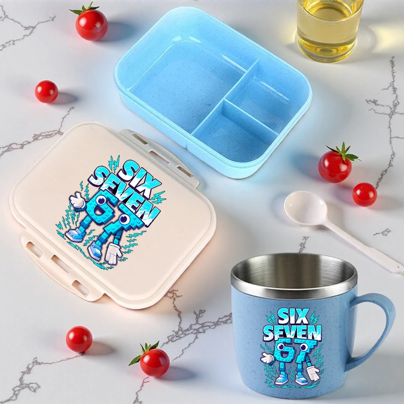 

2pcs Steal A Brainrot Lunch Box Water Cup 67 Six Seven Cartoon Printed Bento Lunch Box Boys School Supplies Children Gifts