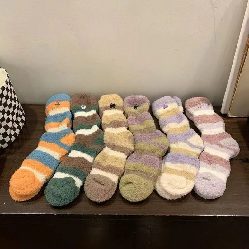 

1/6 Pairs Autumn and Winter Warm Caterpillar Cute Coral Fleece Sleep Socks Cartoon Embroidery Thick Home Mid Tube Floor Socks