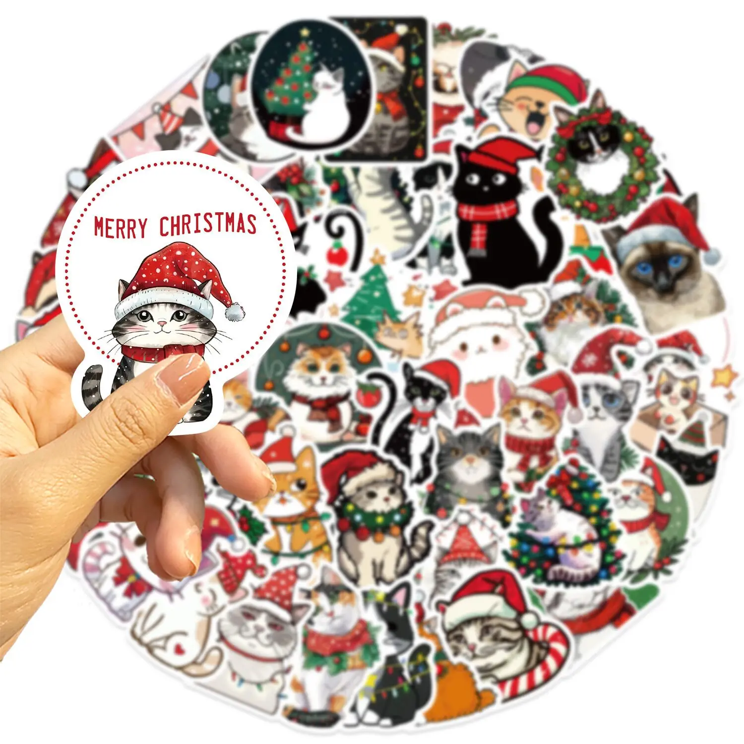 10/50pcs Cute Funny Christmas Cat Stickers Kawaii New Year Gift Decoration Sticker Stationery Notebook Laptop Luggage Decals Toy