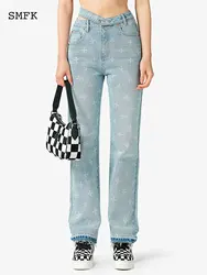 SMFK Printing Women's Jean High Waist  Baggy Denim Pant Wide Leg Straight Jeans Female Casual Trouser Loose Mom Denim Pants