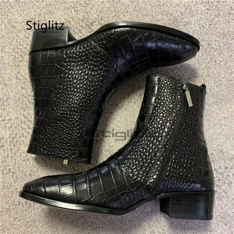 

Men's Alligator Leather Ankle Boots Round Toe Side Zip British Style Chelsea Boots Black Runway Business Party Male Shoes